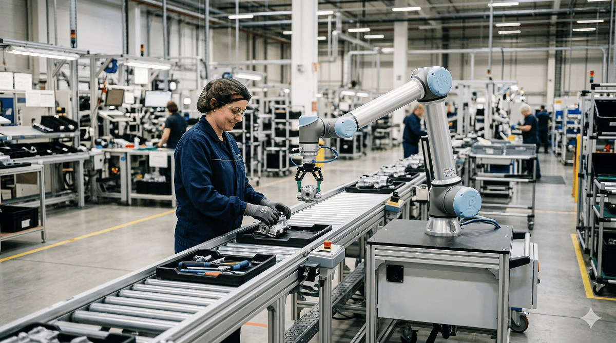 cobot na linii produkcyjnej współpracujący z pracownikiem